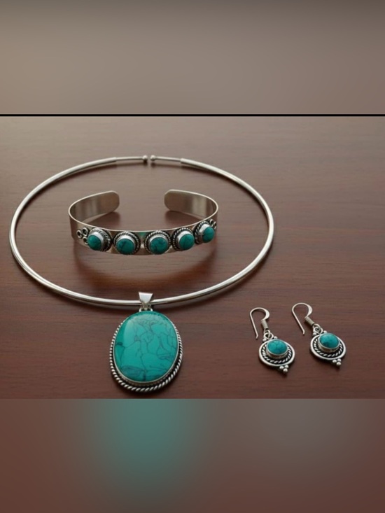 Jewelry - 925 Turquoise Stone Silver Necklace, Bracelet & Earring Set and ring gift